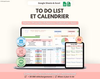 To-Do List and Automated Calendar | Task List Template | Tracker and Planner | French Planner | Google Sheets and Excel