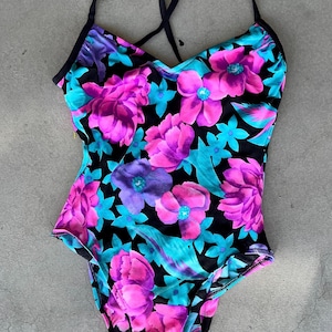 Vintage 80s Floral Swimsuit, Floral One-Piece, Size 14, Made in USA