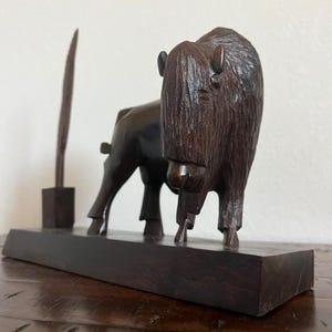 Handcarved Ironwood Buffalo, Feather Pen, Western Decor
