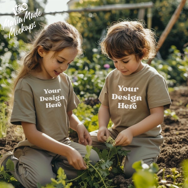 Bella Canvas 3001 T-shirt Mockup | Kid's Olive Shirt Picture | Spring Summer Lifestyle Mock | Childs Tshirt Model | Outdoor Gardening Mock