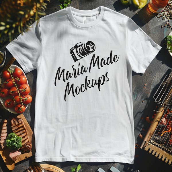 Bella Canvas 3001 Mockup | Cooking Grilling Chef Cook Flat Lay Shirt Picture | Kitchen Aesthetic Stock Photo | Unisex Gray T-shirt Image