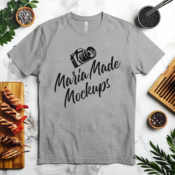 Bella Canvas 3001 Mockup | Cooking Grilling Chef Cook Flat Lay Shirt Picture | Kitchen Aesthetic Stock Photo | Athletic Heather Tshirt Image