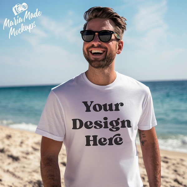 Bella Canvas 3001 T-shirt Mockup | Mens White Tshirt Photo | Adult White Male T Shirt Model Stock Photo Image | Summer Vacation Beach Theme