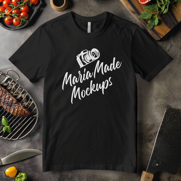 Bella Canvas 3001 Mockup | Cooking Grilling Chef Cook Flat Lay Shirt Picture | Kitchen Aesthetic Stock Photo | Unisex Black T-shirt Image