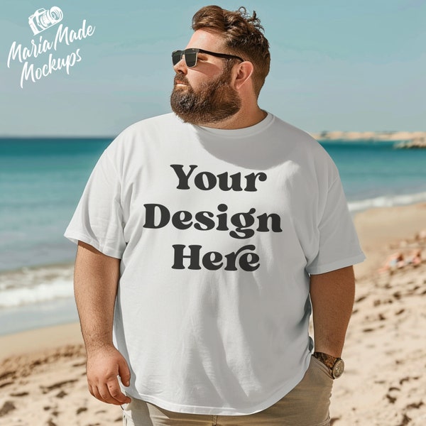 Bella Canvas 3001 T-shirt Mockup | Mens White Tshirt Photo | Summer Vacation Beach Mockup | Plus Size Black Male T Shirt Model Stock Image