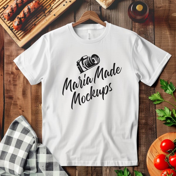 Bella Canvas 3001 Mockup | Cooking Grilling Chef Barbecue Cook Flat Lay Shirt Picture | Kitchen Aesthetic Stock Photo | Unisex White T-shirt