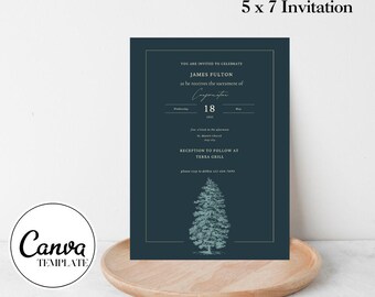 May include: A dark blue 5x7 invitation with gold trim featuring a stylized pine tree illustration. The text reads "You are invited to celebrate James Fulton as he receives the sacrament of Communion, 18, Reception to follow at Terra Grill".