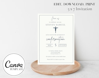 Eenvoudige bevestigingsuitnodiging, jongensbevestiging, bewerkbare bevestigingsuitnodiging, bevestigingscanvasjabloon