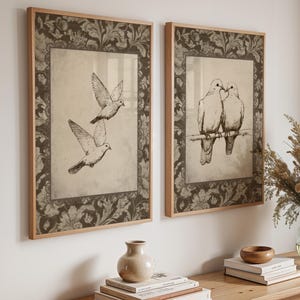 Antieke vogel muurkunst set van 2, vintage duivenprints, romantische antieke illustratie, neutrale botanische stijl kunst voor woonkamer