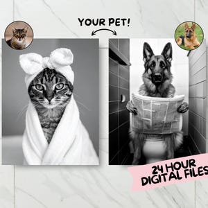Retrato de animal de estimação personalizado, cachorro lendo jornal no vaso sanitário, cachorro de roupão, decoração engraçada de parede para banheiro, estampa personalizada de animal de estimação, presente personalizado para animais de estimação