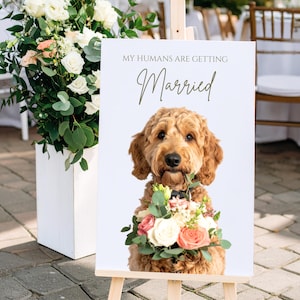 Aangepaste huisdier welkomstbord ouders, bruiloft welkomstbord met huisdier portret, hond kat bruiloft welkomstbord, hond met bloemen, huisdier huwelijkscadeau