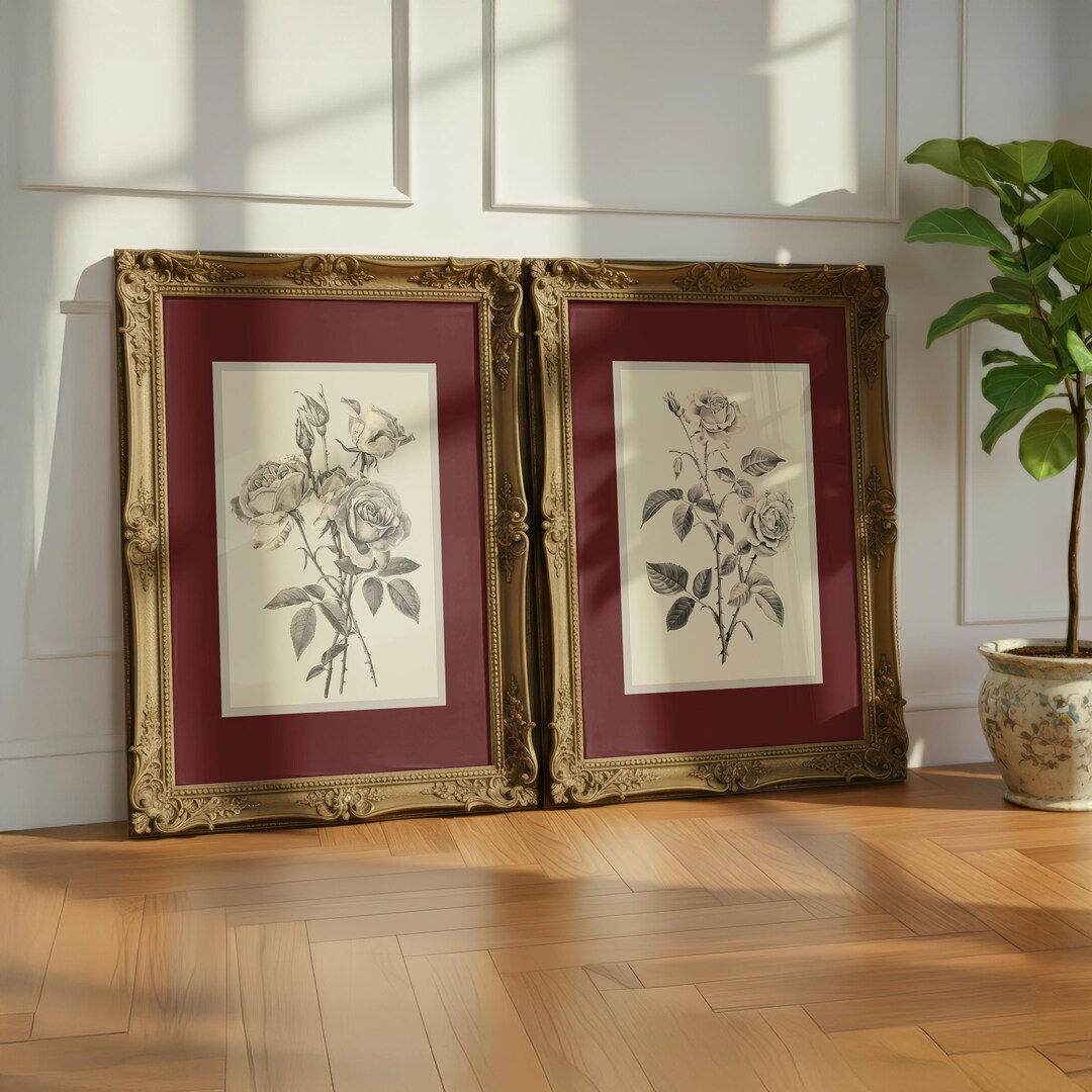 Antique Rose Wall Art Set of 2, Vintage Botanical Prints, Burgandy ...