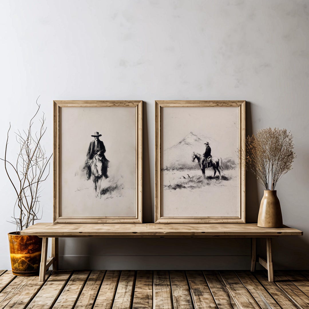 Set of 2 Western Cowboy Wall Art Prints, Horse Rider Sketch, Vintage ...