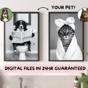 Ritratto di animale domestico personalizzato, cane che legge il giornale sul water, animale domestico in accappatoio, decorazione da parete divertente per il bagno, stampa personalizzata per animale domestico, regalo personalizzato per animali domestici