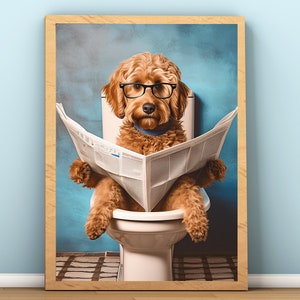 Funny Cockapoo Bathroom Wall Art, Animal in Bathroom Print, Bathroom Wall Decor, Golden Doodle Owner Gifts, Dog on Toilet Reading Newspaper