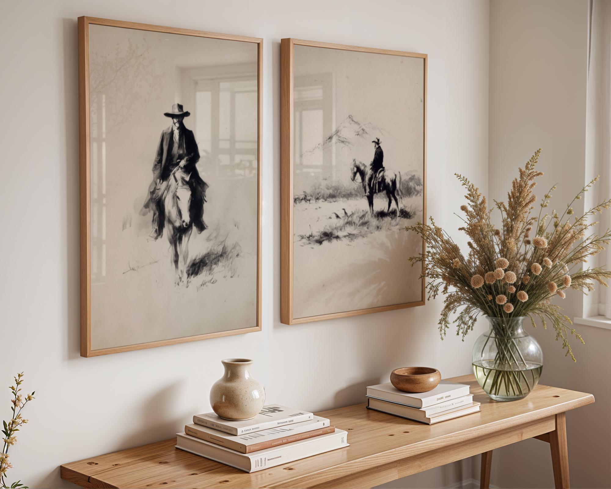 Set of 2 Western Cowboy Wall Art Prints, Horse Rider Sketch, Vintage ...