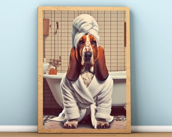 Funny Basset Hound Bathroom Wall Art, Animal in Bathroom Print, Bathroom Wall Decor, Basset Hound Owner Gifts, Dog wearing Robe