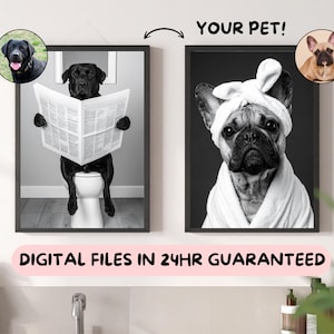 Ritratto personalizzato di un animale domestico, cane che legge il giornale sul water, cane in vestaglia, arte divertente per il bagno, decorazione murale personalizzata per il bagno di un animale domestico, stampa divertente per animali domestici