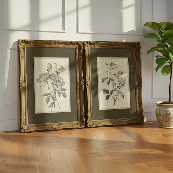 Antique Rose Wall Art Set of 2, Vintage Botanical Prints, Olive Green Floral Art, Neutral Antique Flower Prints for Living Room