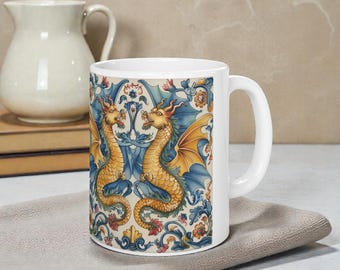 Deruta Raffaellesco Mug, 11 oz Italian Majolica Style Coffee Cup, Two Dragons Design, Renaissance-Inspired Kitchen Decor Gift