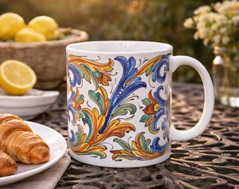 Ricco Deruta Ceramic Mug, Italian Majolica Coffee Cup, Umbrian Pottery Style