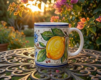 Italian Lemon Ceramic Mug, Blue Majolica Tuscan Style Italy Coffee Cup