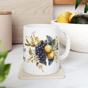 Sicilian Lemons Mug with Grapes – Italian Coffee Cup, Mediterranean Kitchen Decor, Ceramic Tea Mug, Italy Gift for Coffee Lovers