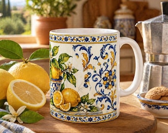 Italienische Zitronen Majolika Tasse, Mittelmeer Blaue Gelbe Keramik Kaffeetasse