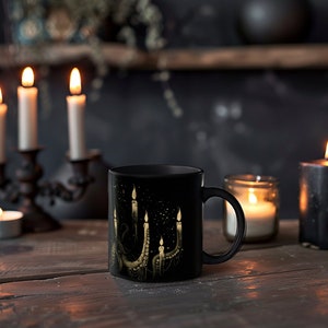 Eldritch Inspirations:  Cthulhu Black Coffee Mug with Candles, Dark Cosmic Candleabra, 11oz and 15oz Black Mug, Lovecraftian