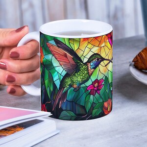 The Two Hummingbirds, Stained Glass Mug style, Lovely Cup, Artistic Gift for Nature Lover, Decorative Coffee Mug Gift, 11oz. & 15 oz.