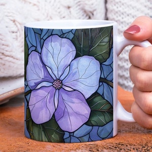 Stained Glass Periwinkles Mug, Lovely Floral Cup, Artistic Gift for Nature Lover, Burghandy, Decorative Coffee Mug Gift, 11oz. & 15 oz.