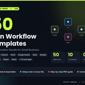 Pode incluir: Um gráfico digital exibindo 50 modelos de fluxo de trabalho n8n para automação de IA. O fundo escuro apresenta um diagrama de fluxo, uma lista de integrações de aplicativos como ChatGPT, Gmail e Shopify, e rótulos de texto para categorias.