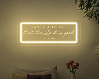 Neonskylt för smak och se att Herren är god, Psalm 34:8-skylt, Bibelvers-väggdekor, gåva till kristna, skylt för lantlig kök