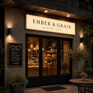 Może przedstawiać: Fasada Ember & Grain Bakery Cafe posiada duży podświetlany szyld, czarne szklane drzwi oraz tablicę kredową z wypisanymi pozycjami: Country Loaf, Sourdough, Olive and Rosemary, Cinnamon Bun, Almond Croissant oraz Fig and Walnut.