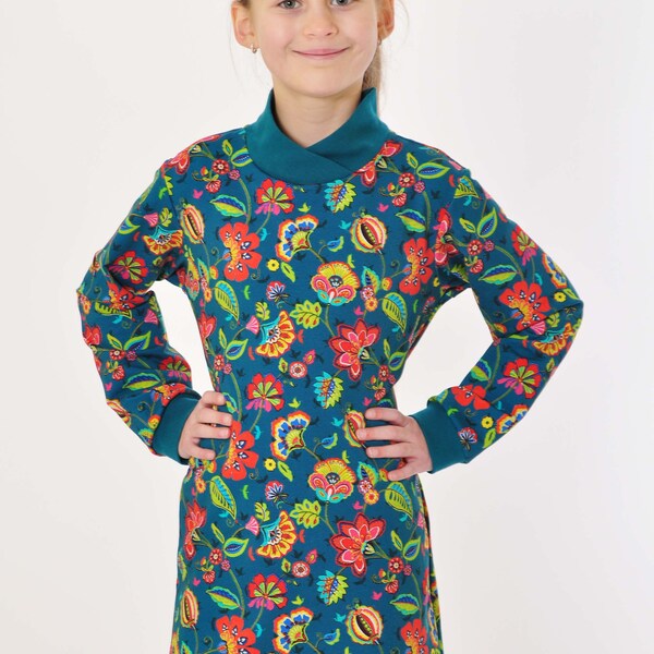 coolismo Sweatkleid Sweatshirt Kleid für coole Mädchen mit Blumen Motivdruck oliv oder grün europäische Produktion