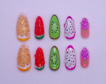 Fruit salad nails | 3D nails | nail art | colourful nails | summer nails | press on nails