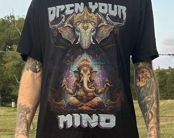 Unisex "Open Your Mind" Ganesha Buddhist Graphic T-Shirt - Limited Edition - High Quality Tee