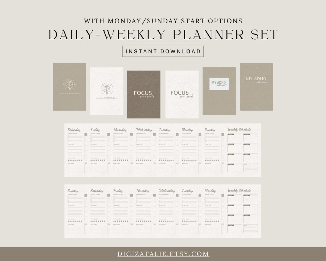 Brown Digital ADHD Weekly & Daily Planner Set With Cover Pages, Undated ...