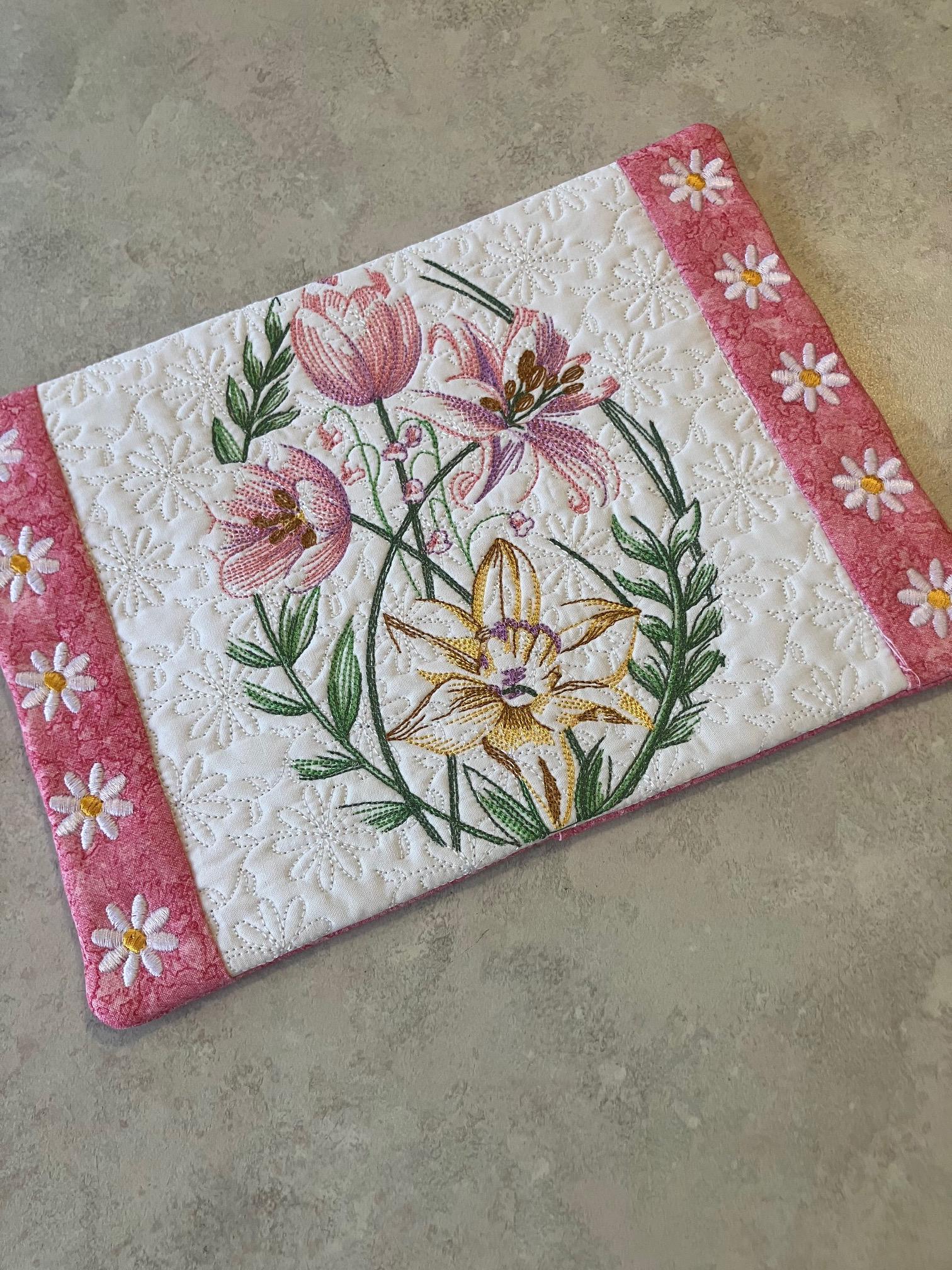 Spring Mug Rug - Flowered Mug Rug - Pink and White - Quilted ...