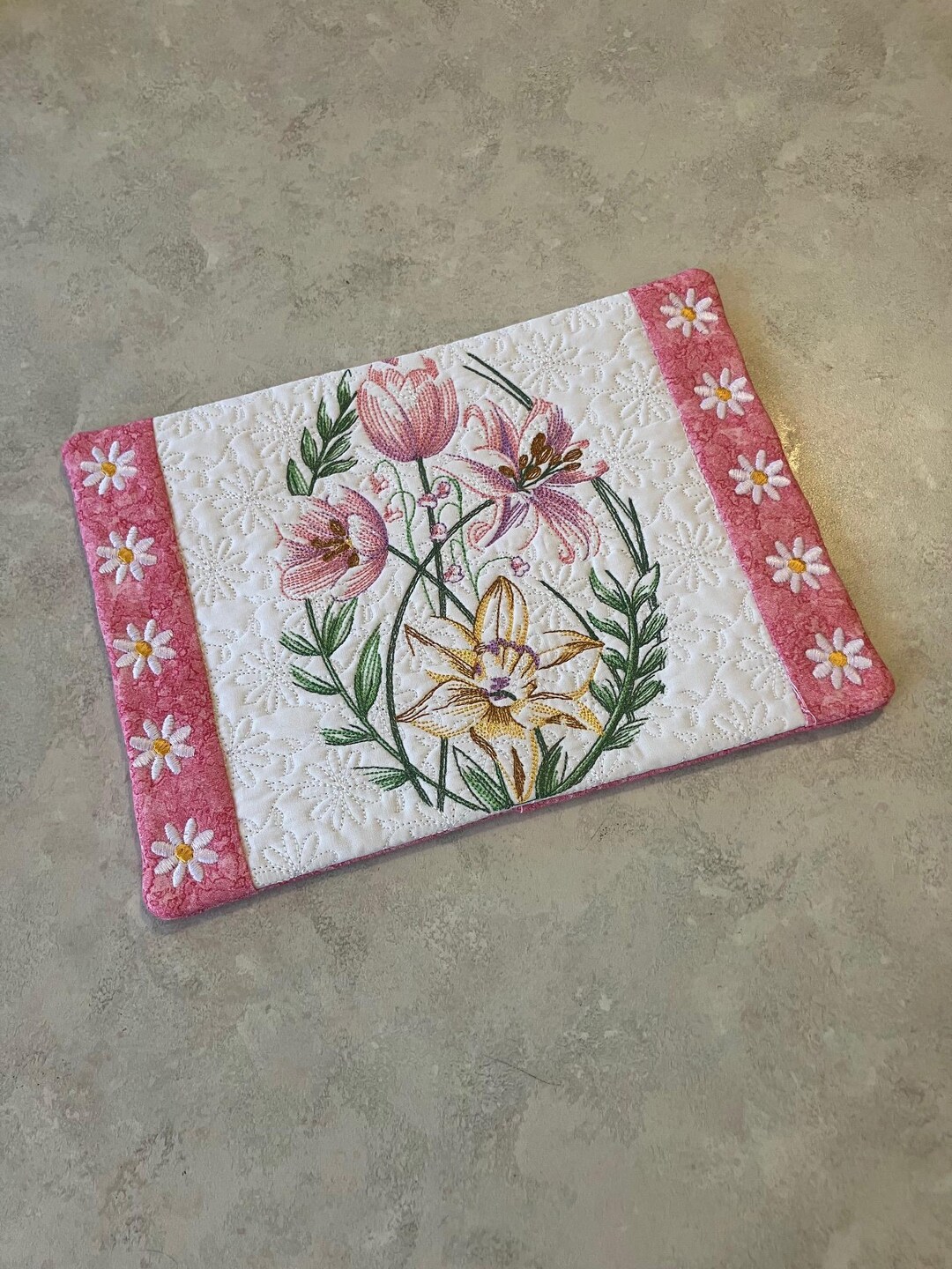 Spring Mug Rug - Flowered Mug Rug - Pink and White - Quilted ...
