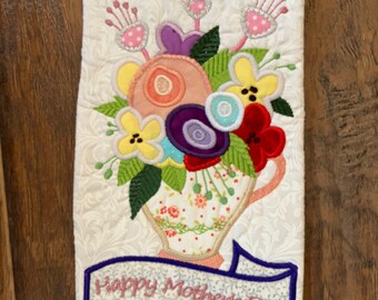 Mother's Day Mug Rug - Bouquet Theme - Colorful Mug Rug - Insulated - Appliqued - Embroidered - Snack mat - Potholder - Hot Pad - Table Deco