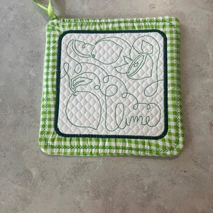 Lime Potholder - Scrolled Design - Insulated - Embroidered - Quilted - With a Hanger - Picnic Item - Table Decor - Gift Idea - Summer item