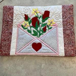 Valentines Mug Rug - Quilted Mug Rug - Embroidered Mug Rug - Insulated Mug Rug - Gift Idea - Desk Item - Table Decor - Dorm Gift