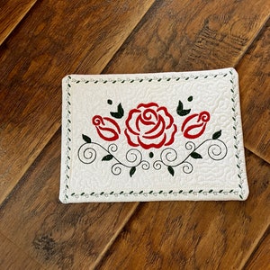 Red Rose Mug Rug - Mother&#39;s Day Gift - Spring Mug Rug - Quilted - Embroidered - Insulated - White Mug Rug -Teacher Gift - Table Decor
