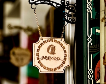 Mythology Tavern Sign Bookend | Laser Engraved Balsa Wood & 3D Printed Bracket | Greek Inspired Bookshelf Decor