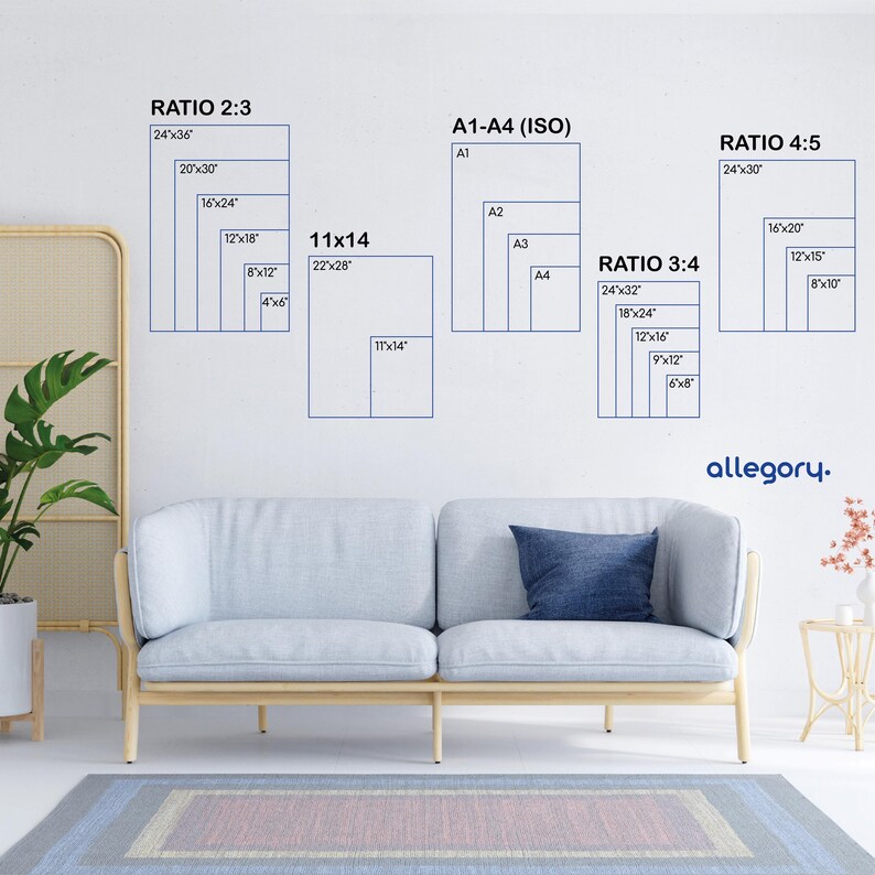 May include: A white wall displays size ratio guides for prints, including 2:3, 4:5, and 3:4, with measurements in inches. The text "A1-A4 (ISO)" is also present. A light blue sofa and a rug with pink and blue stripes are in the foreground. The word "allegory." is at the bottom.