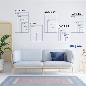 May include: A white wall with a diagram showing different paper sizes and ratios. The diagram includes the standard paper sizes A1, A2, A3, and A4, as well as ratios 2:3, 3:4, and 4:5. The diagram is labeled with the dimensions of each paper size in inches.