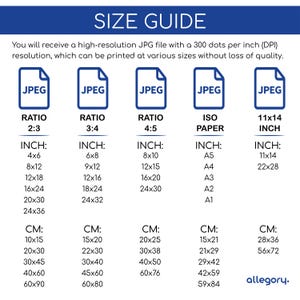 May include: A size guide chart with print sizes in inches and centimetres. Includes ratios 2:3, 3:4, 4:5, ISO paper sizes, and 11x14 inch options. The chart specifies high-resolution JPG files for printing.
