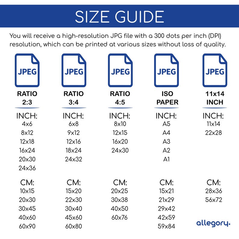 May include: A size guide chart with print sizes in inches and centimetres. Includes ratios 2:3, 3:4, 4:5, ISO paper sizes, and 11x14 inch options. The chart specifies high-resolution JPG files for printing.