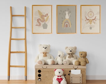 Kids Room Prints Set: Boho Animal Art, Gray Nursery Decor (Digital Download)